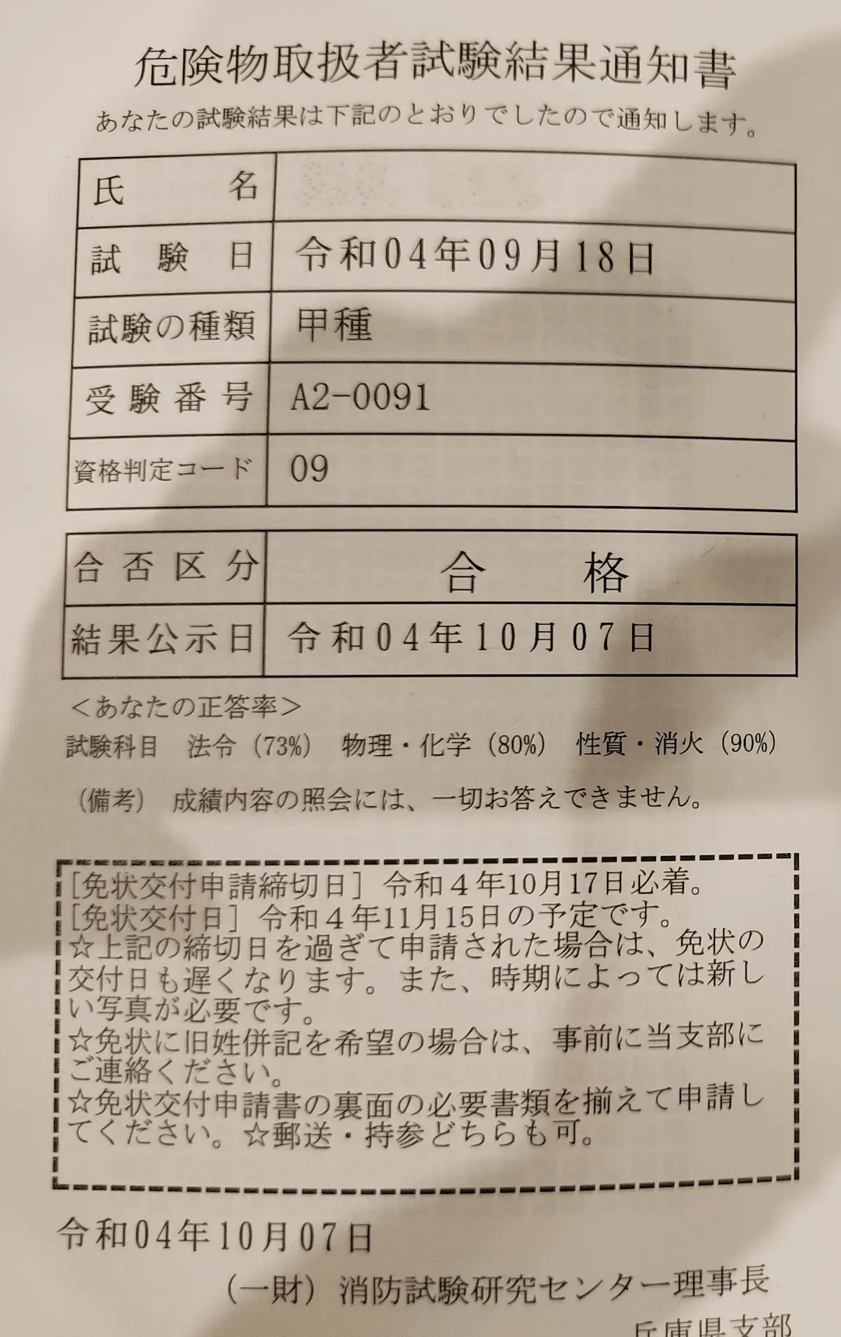 甲種危険物取扱者合格証明書