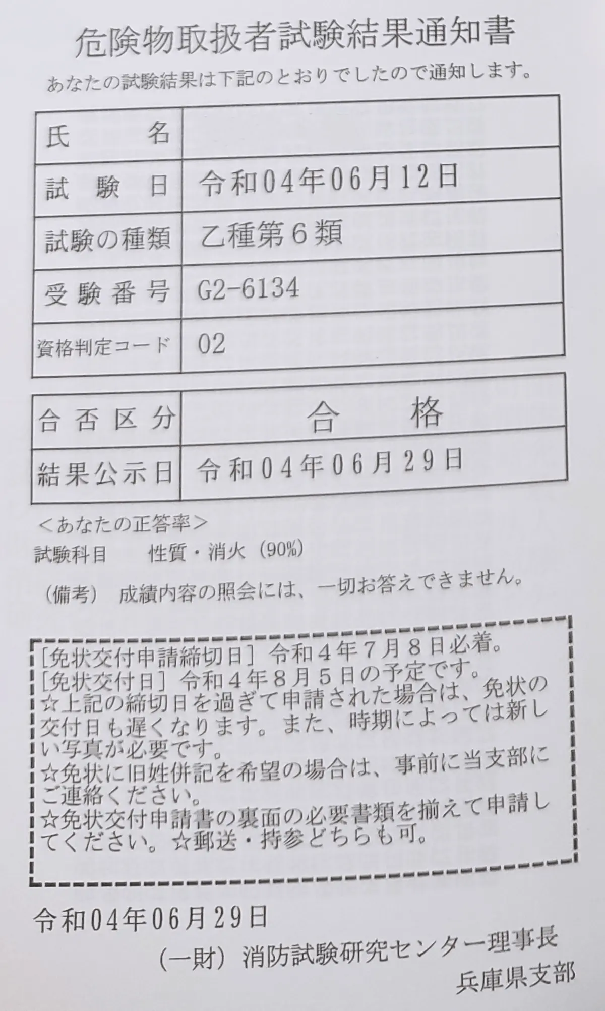危険物取扱者乙種6類合格証明書