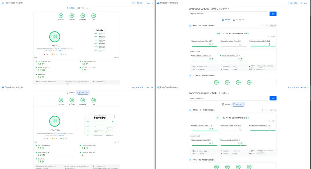 PageSpeed Insights 100点満点の実証画像