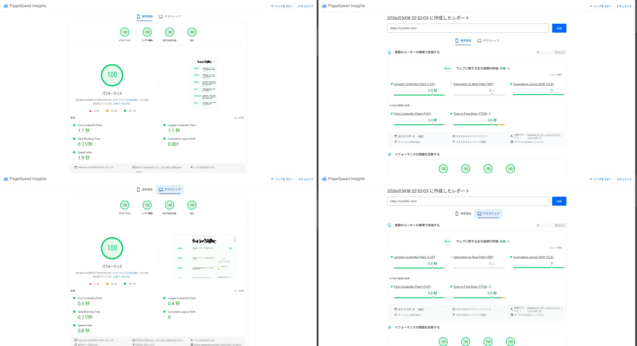 PageSpeed Insights 100点満点の実証画像